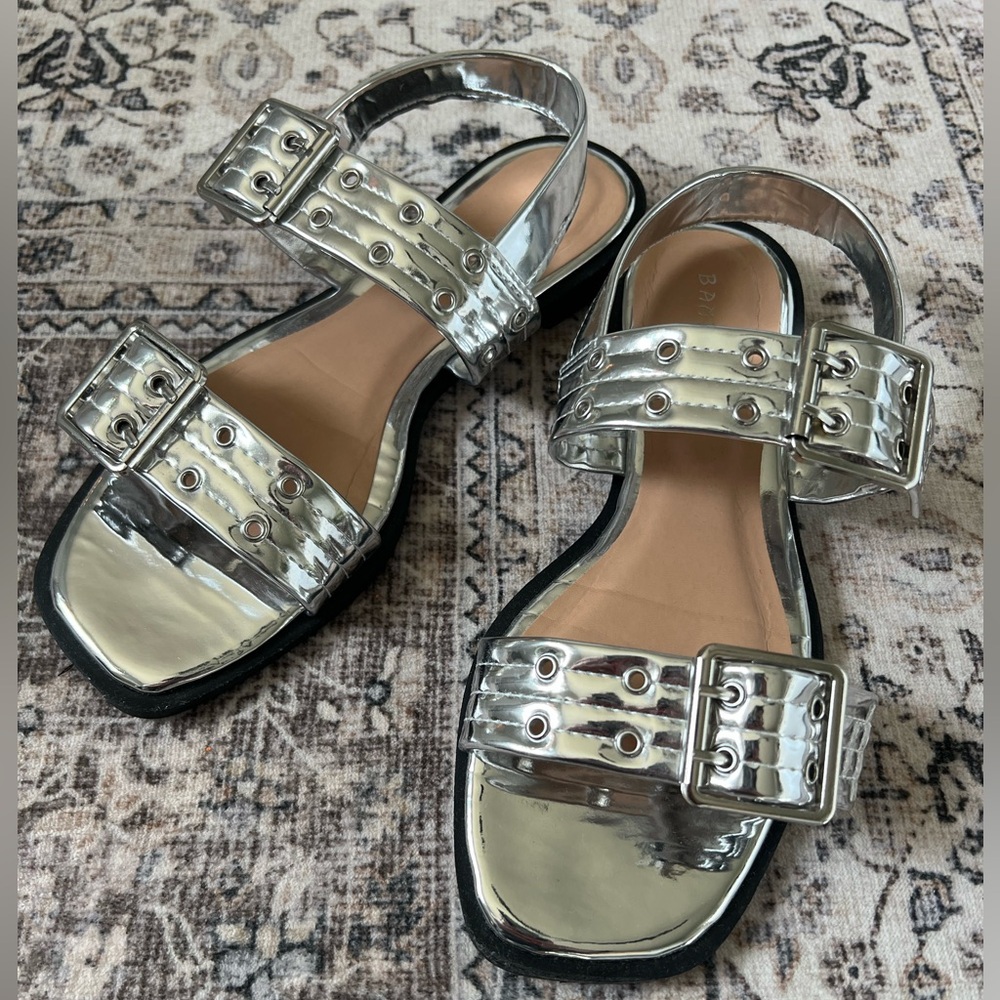 Silver Double Buckle Slingback Sandals